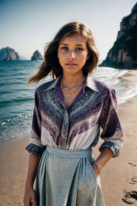 KennedyLeigh <lora:KennedyLeigh_v1.0:01> <lora:add_detail:0.8>epic character composition, by ilya kuvshinov, alessio albi, nina masic, sharp focus, natural lighting, subsurface scattering, f2, 35mm, film grain,matte skin, pores, colors, hyperdetailed, hyperrealistic, confident, certain, poise, conviction, faith, boldness, looking at camera, perfect face, perfect eyes, looking at viewer, A long, flowing violet-purple maxi skirt paired with a lightweight, long-sleeved blouse. with a (modest neckline and short sleeves:1), layered jewelry., huge necklaces, (multiple necklaces:1.1), (undershirt:1.4), her close-up, (zoom:1.3), (upper body shot:1.4), (intricately braided hair:1.2), On the sun-kissed beaches of the Amalfi Coast, the photographer composes an upper body portrait, framing the model against the backdrop of azure waters, rugged cliffs, and the vibrant colors of coastal villages. The expressive gaze harmonizes with the relaxed seaside atmosphere, turning the scene into a captivating canvas for her allure. Dramatic folds and rich tonal contrasts unfold against the sandy textures of the beach, accentuating the model s natural contours. The play of sunlight, reflecting off the Tyrrhenian Sea and casting gentle shadows on the pebbled shore, imparts a warm radiance to the setting. Subtle textures and coastal elegance interweave, creating a visual masterpiece that seamlessly blends the model s modern style with the timeless beauty of the Mediterranean. In the serene simplicity of this European coastal haven, the photographer transforms light into an art form. The model effortlessly integrates into the natural surroundings, each fold and highlight contributing to a composition that captures not just the visual but also the tactile essence of the moment.