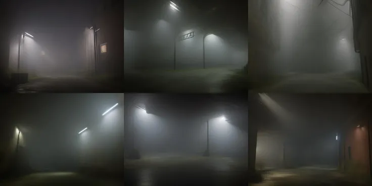 (foggy, liminal space, single light source, volumetric lighting, chiaroscuro, dramatic lighting, volumetric lighting, dark shot, distance light source, light seen in distance, very low light, dream world, low lighting), dead end alley in resident evil,  <lora:cyberpunk:0.777>,  <lora:lowkey_v1.1:0.6677>