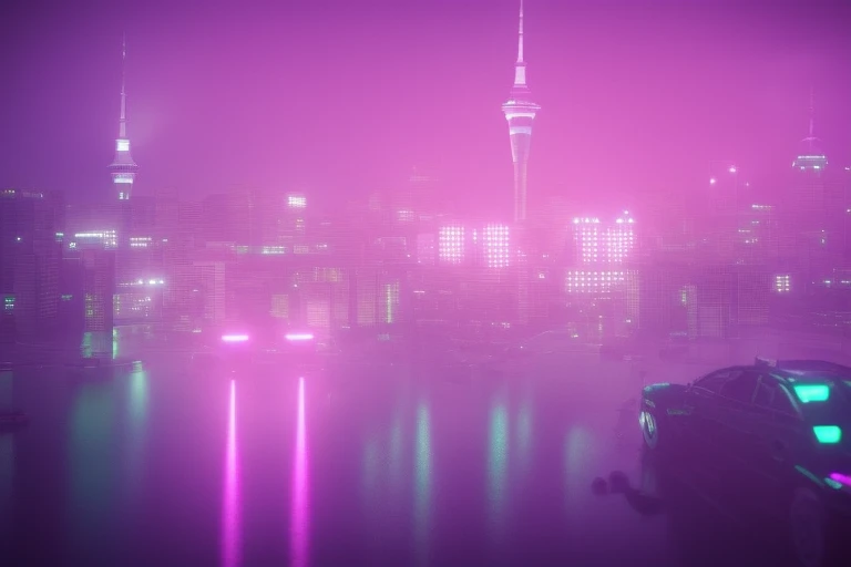 Neon foggy futuristic Auckland city octane render wvebg1