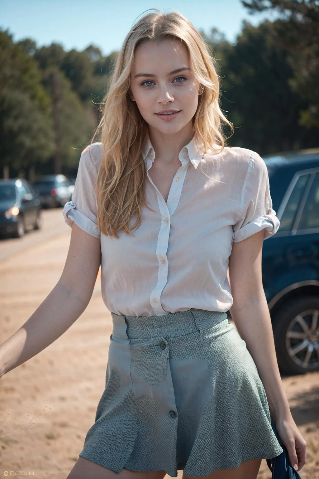 A photograph of (1girl, 25 years old), <lora:ZH_HMattsson_v1:1>, zh_hmattsson, solo, realistic, looking at viewer, blonde hair, blue eyes, seductive smile, outdoors, shirt, skirt