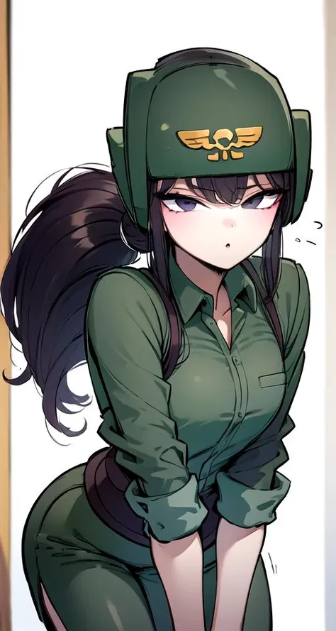masterpiece, best quality,, beige pants, green helmet,beige skirt, Military helmet,military uniform,, <lora:komi_shouko_lora_ver3:0.8>komi_shouko, black eyes, black hair, long hair, <lora:CadiaChan-10:1>cadiachan blonde hair,ponytail,purple eyes
