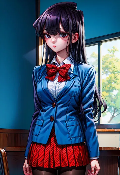 1girl, cowboy shot, standing, classroom, 
komi_shouko, black eyes, black hair, long hair, bangs, bowtie, school uniform, blue jacket, blazer, white shirt, striped, red skirt, black pantyhose, <lora:komi_shouko_lora_ver2:0.7>, best quality, masterpiece, highres, <lora:GoodHands-vanilla:1>