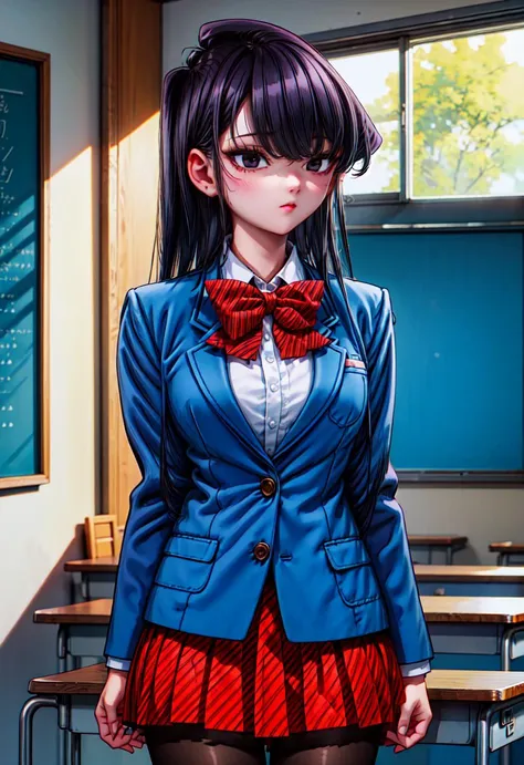 1girl, cowboy shot, standing, classroom, 
komi_shouko, black eyes, black hair, long hair, bangs, bowtie, school uniform, blue jacket, blazer, white shirt, striped, red skirt, black pantyhose, <lora:komi_shouko_lora_ver2:0.7>, best quality, masterpiece, highres, <lora:GoodHands-vanilla:1>