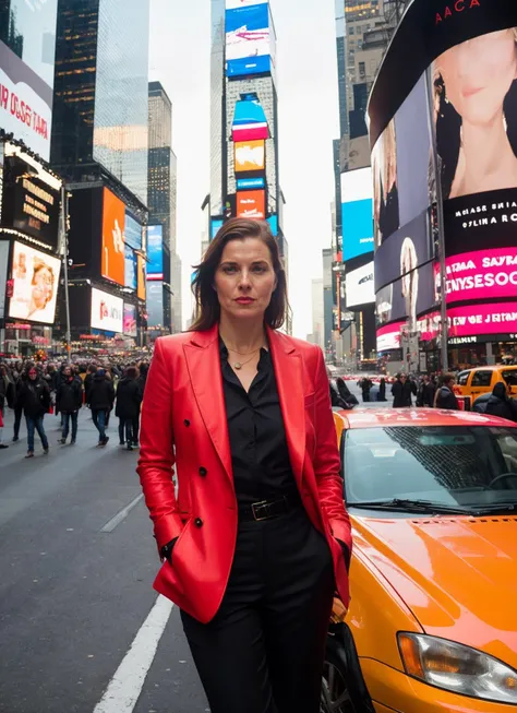portrait of sks woman in New York City, in Times Square, by Flora Borsi, style by Flora Borsi, bold, bright colours, ((Flora Borsi)), by Dorothea Lange, <lora:locon_lucylawless_v1_from_v1_64_32:1>
