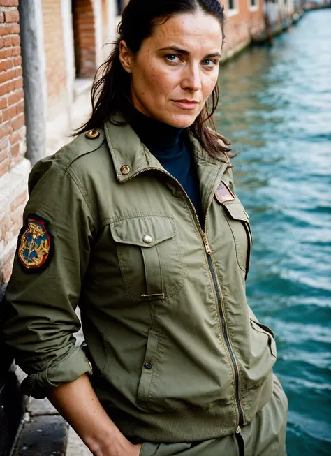 A stunning intricate full color portrait of (sks woman:1) in venice, at the river,, wearing Military jacket and cargo pants, epic character composition, sharp focus, natural lighting, subsurface scattering, f2, 35mm, film grain, , by Dorothea Lange, <lora:locon_lucylawless_v1_from_v1_64_32:1>