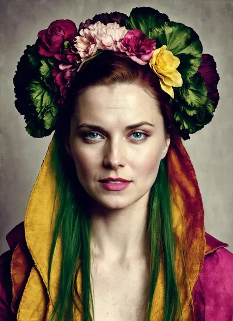 portrait of 25 years old sks woman, by Flora Borsi, style by Flora Borsi, bold, bright colours, ((Flora Borsi)), by Tim Walker, <lora:locon_lucylawless_v1_from_v1_64_32:1>