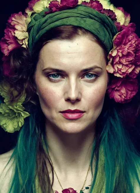 portrait of 25 years old sks woman, by Flora Borsi, style by Flora Borsi, bold, bright colours, ((Flora Borsi)), by Jimmy Nelson, <lora:locon_lucylawless_v1_from_v1_64_32:1>