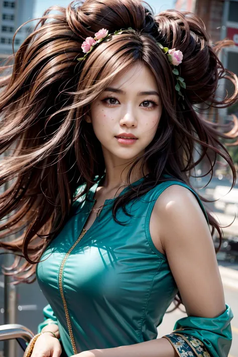 (realistic:1.3), finely detailed, quality, rembrandt lighting, (masterpiece:1.2), (photorealistic:1.2), (best quality), (detailed skin:1.3), (intricate details), dramatic, ray tracing, 1girl, japanese girl, 21 years old, detailed skin texture, (blush:0.5), (goosebumps:0.5), subsurface scattering, smiling, medium breasts, (big hair:1.4), windswept, floating hair, shirt, cowboy shot, (bright sunny day), <lora:big_hair-1.0:0.8>