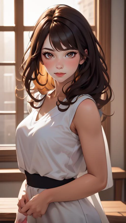 masterpiece, best quality, 1girl, standing, <lora:big_hair-1.0:1> big hair, mature female, blunt bangs, brown eyes, light brown hair, open window, flower, upper body,