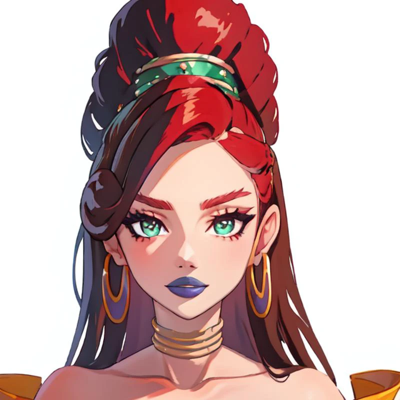 (masterpiece), (high res), 4k, ((best quality)), beautiful face, detailed face, ultra-detailed, ((head shot, face focus, (close up face shot)), open eyes, (looking at viewer, facing forward. front facing, facing viewer)) 1girl, solo, long hair, white background, hoop earrings, dark-skinned female, black colored skin,queen of spades symbol tattoo, BREAK, wide lips, (large purple lips:1.3), parted lips, eyeshadow, very dark skin, makeup, choker, jewelry, large intricate hair accessories, (brown skin),((<lora:GAME_Gerudo_urbosa_aiwaifu69:1> GAME_Gerudo_urbosa_aiwaifu, African, green eyes, red hair, gradient hair)), (<lora:ColoredLipstick:1> (lipstick, purple lipstick)), (very long hair), <lora:darkskin-v2-wasabiya:1> dark-skinned female <lora:fakelips_1:1> lip filler <lora:botw_style_offset:.4> <lora:big_hair-1.0:1> big hair, <lora:BimboMakeup_v1:1>