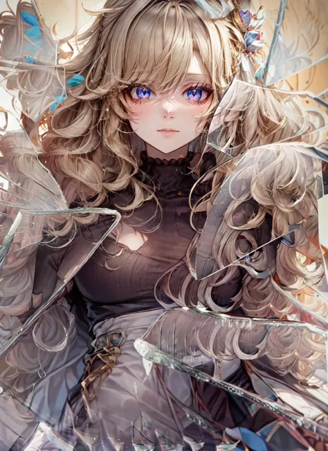 ((best quality)), ((highly detailed)), masterpiece, absurdres, extremely detailed face, beautiful face, (detailed eyes, deep eyes), <lora:more_details:.4>, (1girl), top view, looking at viewer, upper body<lora:hairdetailer:.6>, princess, ((very long hair)), <lora:big_hair-1.0:1>, big hair, curly hair, blonde hair, large dress, (maxiskirt), crown, (inside, on a stairway), <lora:BrokenGlass:1.1>, IncrsBrknGls, broken glass, reflection