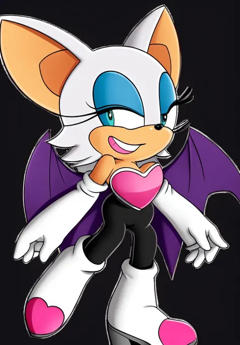 <lora:Rouge_the_Bat:0.8>, Rouge_the_Bat, 1girl, solo, looking at viewer, smile, simple background, bare shoulders, closed mouth, standing, full body, heart, looking to the side, bodysuit, happy, trembling, black background, black bodysuit