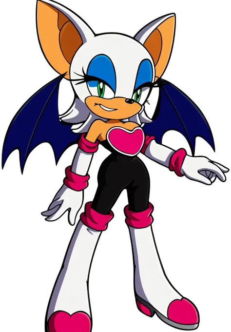 <lora:Rouge_the_Bat:0.8>, Rouge_the_Bat, 1girl, solo, looking at viewer, smile, simple background, bare shoulders, closed mouth, standing, full body, heart, looking to the side, bodysuit, happy, trembling, black background, black bodysuit