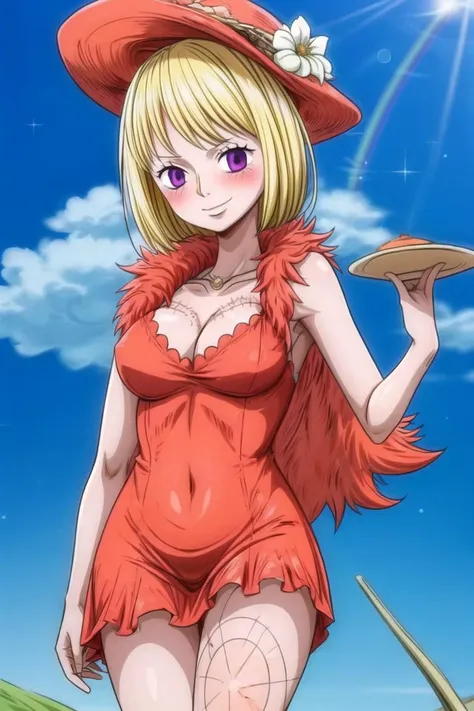 <lora:Cindry:0.6> cindry, looking at camera, smile, blond, ashen skin, (red velvet dress:1.2), blush, flushed, cute, (outside, sun, summer day, blue sky, field of {red|blue|white|colored|rainbow|purple} flowers:1.2), orange boa, summer hat, hand on hips, (web tattoo on thigh, stitches:1.2), <lora:add_detail:1.6>, cute, farmhouse in the background, <lora:wanostyle_2_offset:0.8>, wanostyle