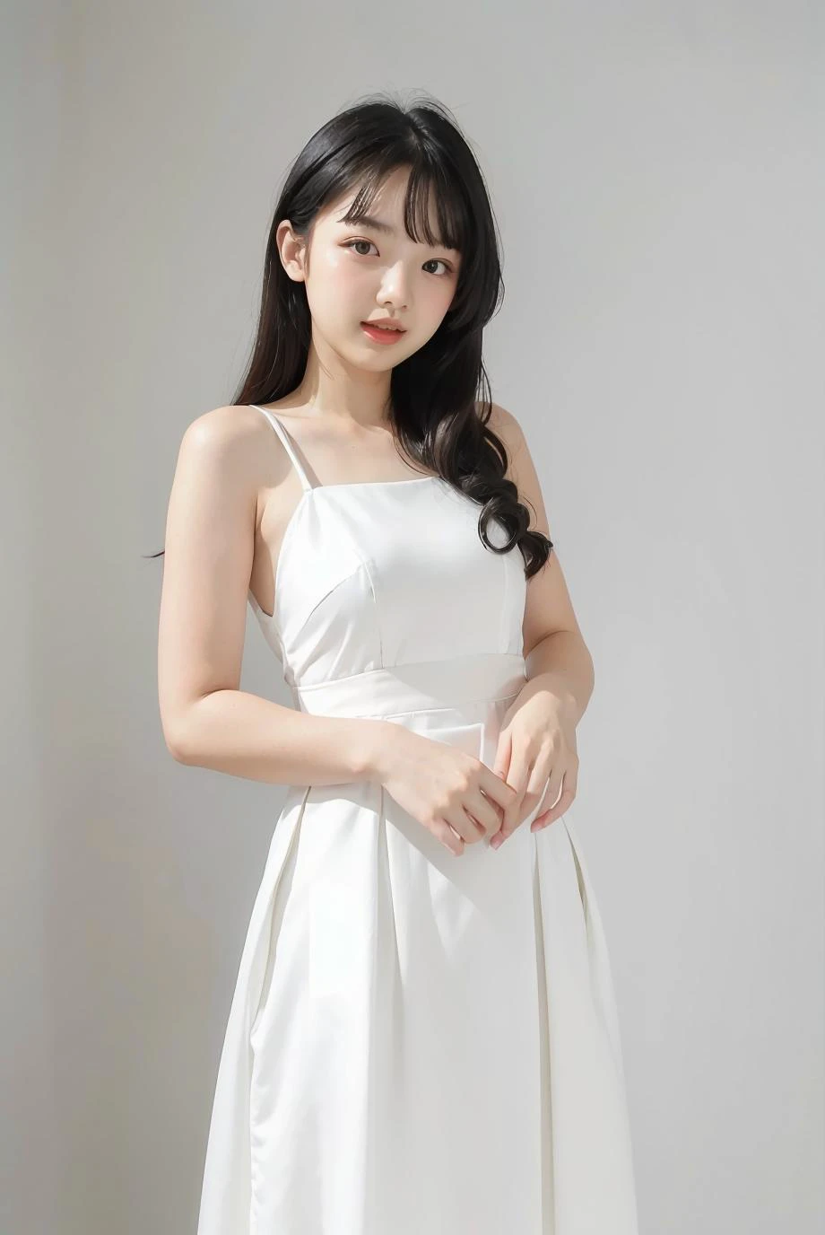 1girl, white  formal long dress,white background,   <lora:TongChawchom-04:1>