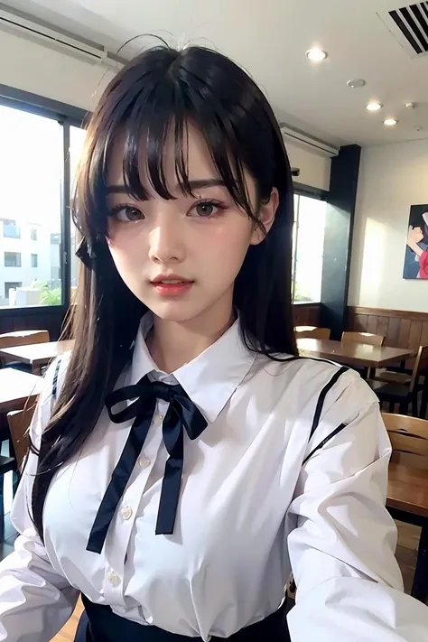 (masterpiece), best quality, perfect face,  1girl,,formal  blouse,  in the cafe,  <lora:TongChawchom-02:1>