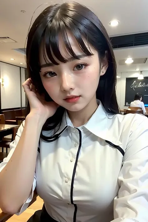 (masterpiece), best quality, perfect face, 1girl,,formal blouse, in the cafe, <lora:TongChawchom-02:1>