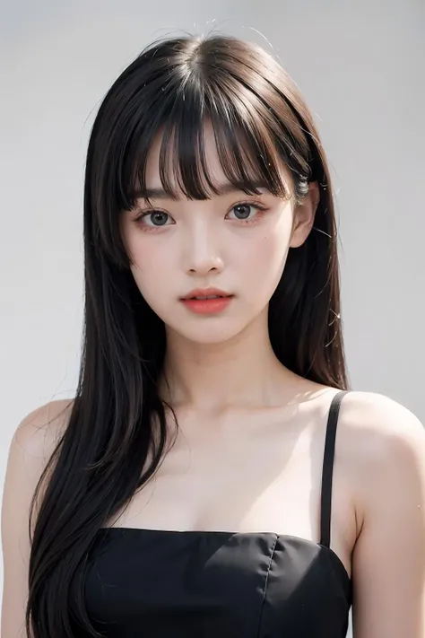 1girl,hair with bangs,black long dress, ,white background, <lora:TongChawchom-02:1>