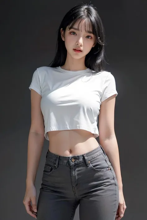 1girl, black hair, white tops, jeans, (isolated on dark-grey background:1.2), dynamic pose, (low key lighting:1.2), shot on Canon EOS 5D, , best quality, ultra high res, (photorealistic:1.4), masterpiece, real life skin, hyper real, Depth of field, perspective, detailed beautiful eyes and detailed face, <lora:TongChawchom-04:1>