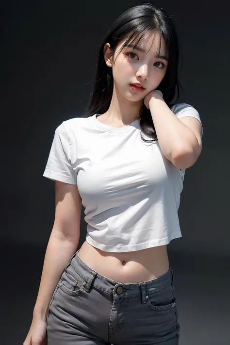 Optimal,masterpiece,High resolution,highest quality,in town、(cowboy shot)、cute face,,black hair、long hair、twin tails、 ((scarlet eyes)),long eyelashes,drooping corners of the eyes,Are standing、thin legs、white skin,((Shoot from below:1.5)), ((Wearing a tight white t-shirt:1.5)), ((tight yoga pants)). ((pointed nipples))、rocket , big breasts, Cameltoe,