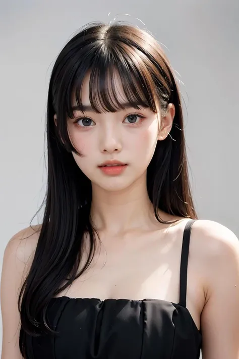1girl,hair with bangs,black long dress,white background, <lora:TongChawchom-04:1>