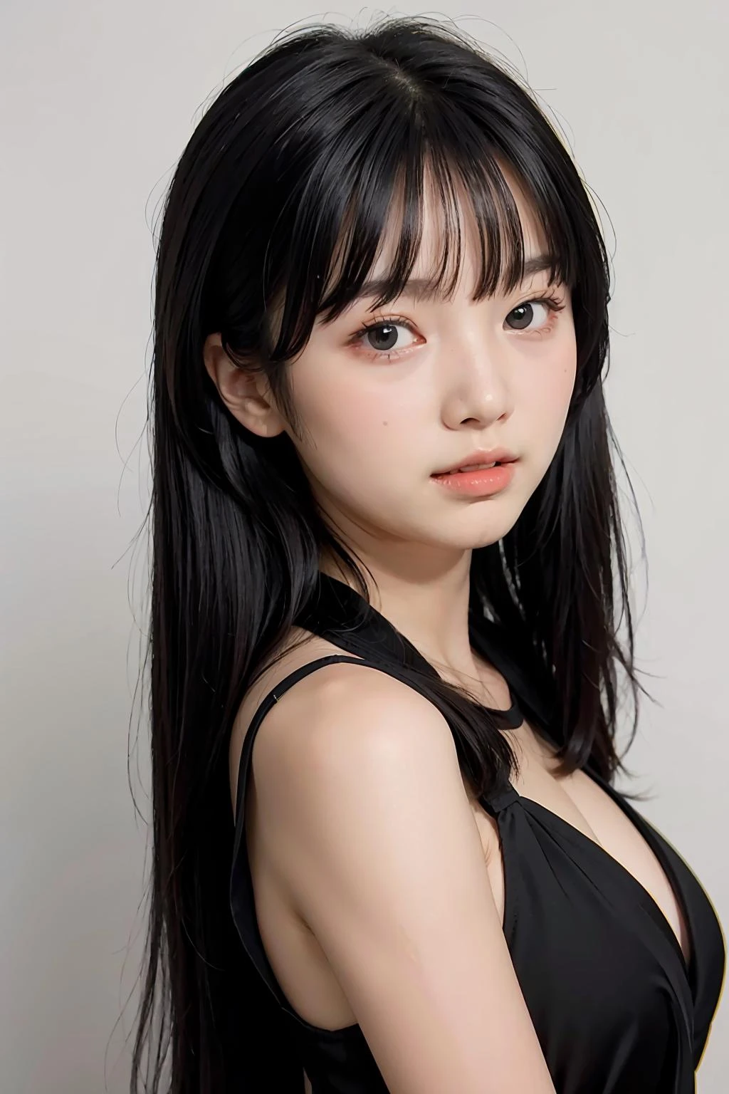 1girl,hair with bangs,black long dress,white background, <lora:TongChawchom-04:1>