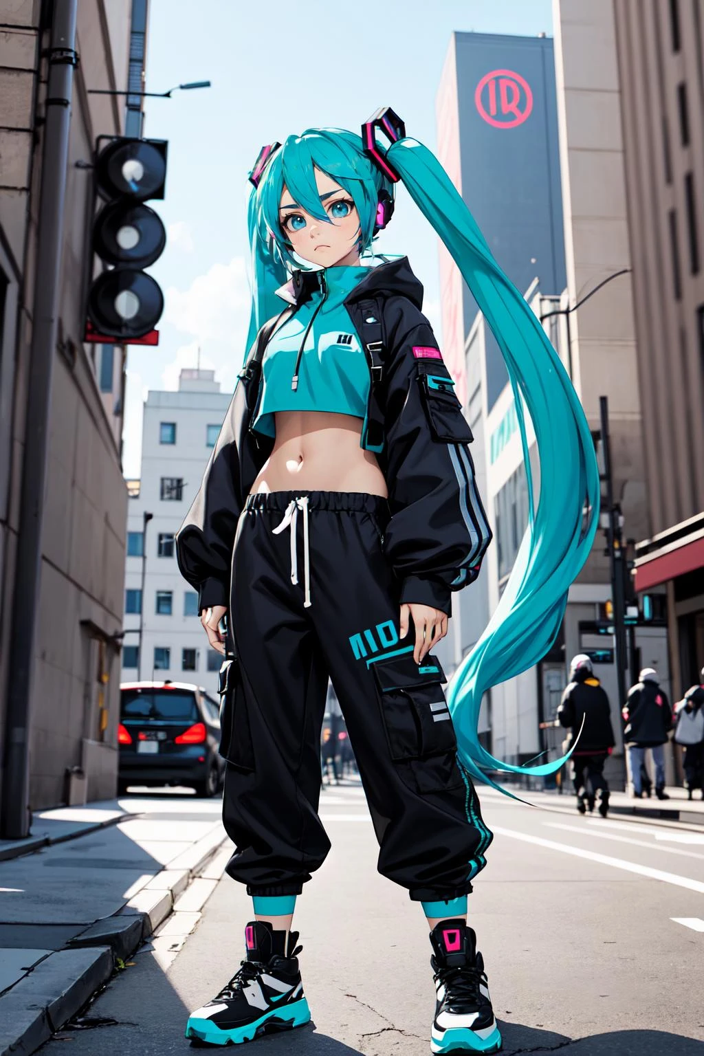 hatsune miku, midriff, scenery, frown, midriff, streetwear, techwear, arknights