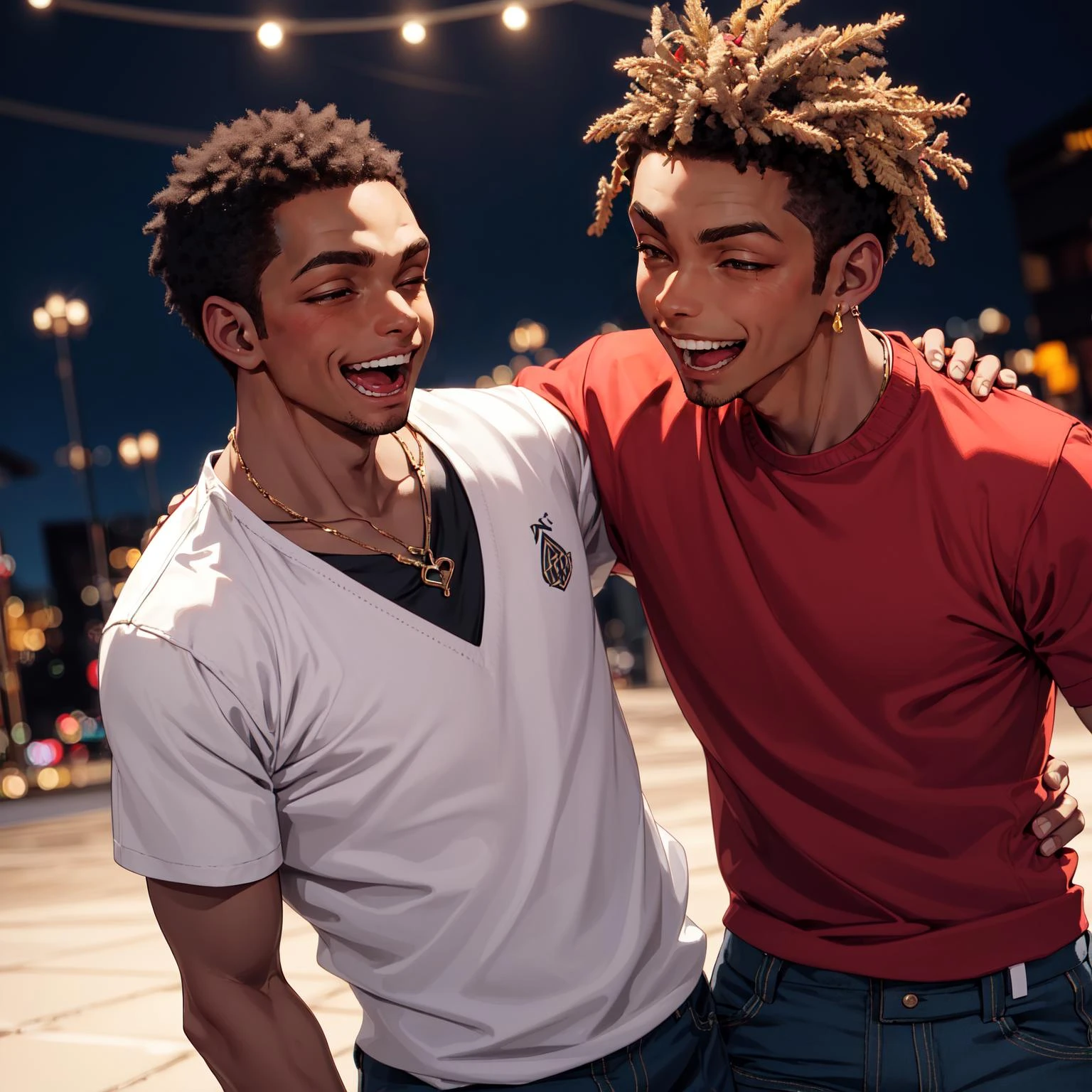 2boys, male focus, dark skin, african american, laughing