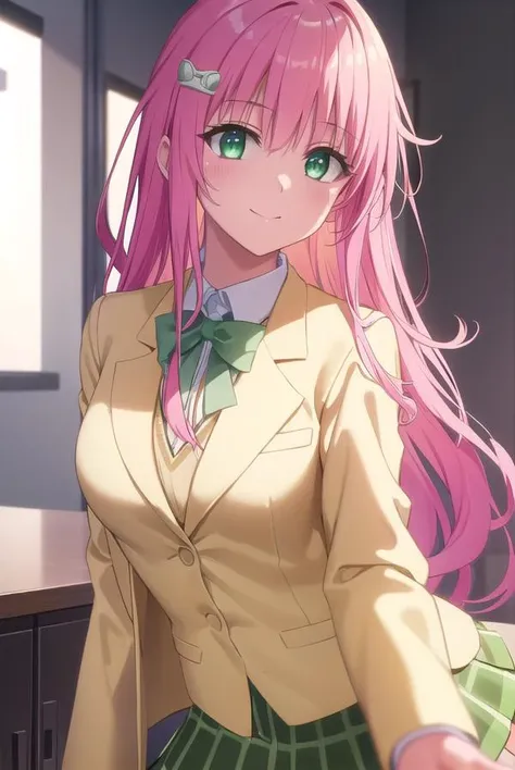 laladevilluke, <lyco:lala deviluke darkness-lyco-nochekaiser:1>,
lala deviluke, long hair, pink hair, tail, ahoge, bangs, hair ornament, (green eyes:1.5), smile,
BREAK school uniform, white shirt, (yellow blazer:1.5), blazer, ribbon, green ribbon, pleated, pleated skirt, skirt, (green skirt:1.5),
BREAK indoors, classroom,
BREAK looking at viewer, (cowboy shot:1.5),
BREAK <lyco:GoodHands-beta2:1>, (masterpiece:1.2), best quality, high resolution, unity 8k wallpaper, (illustration:0.8), (beautiful detailed eyes:1.6), extremely detailed face, perfect lighting, extremely detailed CG, (perfect hands, perfect anatomy),