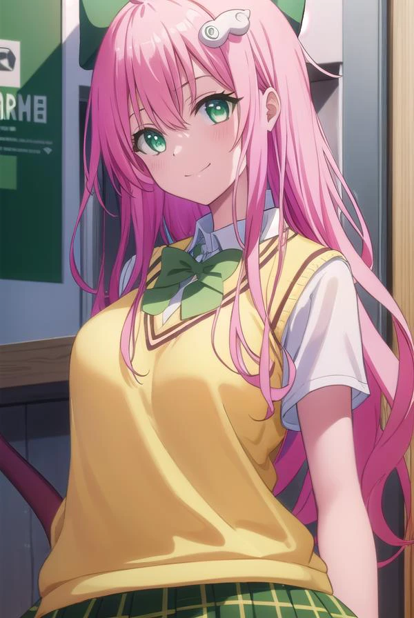 laladevilluke, <lyco:lala deviluke darkness-lyco-nochekaiser:1>,
lala deviluke, long hair, pink hair, tail, ahoge, bangs, hair ornament, (green eyes:1.5), smile,
BREAK demon tail, green skirt, plaid, plaid skirt, sainan high school uniform, school uniform, skirt, sweater vest, thighhighs, (yellow sweater:1.5), short sleeves, bow, (green bow:1.5),
BREAK indoors, classroom,
BREAK looking at viewer, (cowboy shot:1.5),
BREAK <lyco:GoodHands-beta2:1>, (masterpiece:1.2), best quality, high resolution, unity 8k wallpaper, (illustration:0.8), (beautiful detailed eyes:1.6), extremely detailed face, perfect lighting, extremely detailed CG, (perfect hands, perfect anatomy),