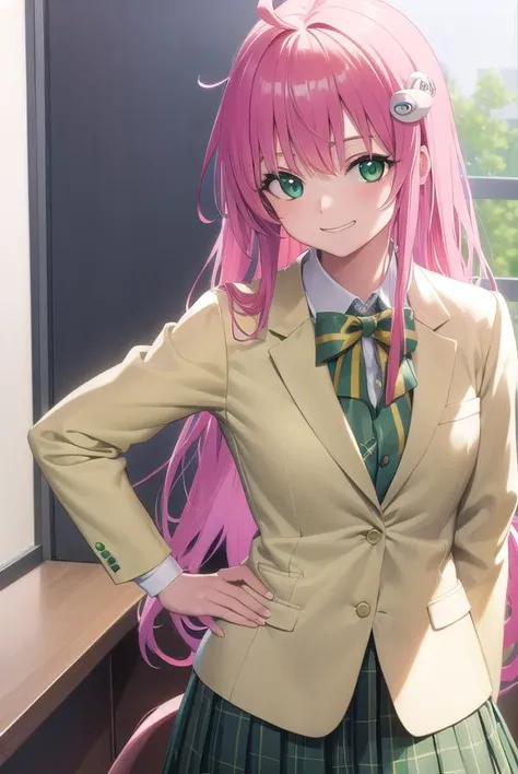 laladevilluke, <lyco:laladeviluke-lyco-nochekaiser:1>,
lala deviluke, long hair, pink hair, tail, ahoge, bangs, hair ornament, (green eyes:1.5), <lora:talkmouth_I_v100:0.8>, smile,
BREAK school uniform, white shirt, (yellow blazer:1.5), blazer, ribbon, green ribbon, pleated, pleated skirt, skirt, (green skirt:1.5),
BREAK indoors, classroom,
BREAK looking at viewer, (cowboy shot:1.5),
BREAK <lyco:GoodHands-beta2:1>, (masterpiece:1.2), best quality, high resolution, unity 8k wallpaper, (illustration:0.8), (beautiful detailed eyes:1.6), extremely detailed face, perfect lighting, extremely detailed CG, (perfect hands, perfect anatomy),