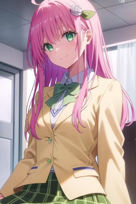 laladevilluke, <lyco:lala deviluke darkness-lyco-nochekaiser:1>,
lala deviluke, long hair, pink hair, tail, ahoge, bangs, hair ornament, (green eyes:1.5), smile,
BREAK school uniform, white shirt, (yellow blazer:1.5), blazer, ribbon, green ribbon, pleated, pleated skirt, skirt, (green skirt:1.5),
BREAK indoors, classroom,
BREAK looking at viewer, (cowboy shot:1.5),
BREAK <lyco:GoodHands-beta2:1>, (masterpiece:1.2), best quality, high resolution, unity 8k wallpaper, (illustration:0.8), (beautiful detailed eyes:1.6), extremely detailed face, perfect lighting, extremely detailed CG, (perfect hands, perfect anatomy),