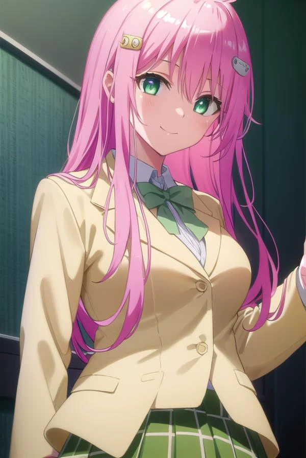 laladevilluke, <lyco:lala deviluke darkness-lyco-nochekaiser:1>,
lala deviluke, long hair, pink hair, tail, ahoge, bangs, hair ornament, (green eyes:1.5), smile,
BREAK school uniform, white shirt, (yellow blazer:1.5), blazer, ribbon, green ribbon, pleated, pleated skirt, skirt, (green skirt:1.5),
BREAK indoors, classroom,
BREAK looking at viewer, (cowboy shot:1.5),
BREAK <lyco:GoodHands-beta2:1>, (masterpiece:1.2), best quality, high resolution, unity 8k wallpaper, (illustration:0.8), (beautiful detailed eyes:1.6), extremely detailed face, perfect lighting, extremely detailed CG, (perfect hands, perfect anatomy),