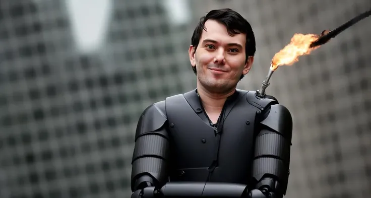 pharmabro person in a new movie where( A robot in armour attacks him with a flame thrower.:1.3) incredibly smirky, smug facial expressions. Rolling eyes, mocking gestures.