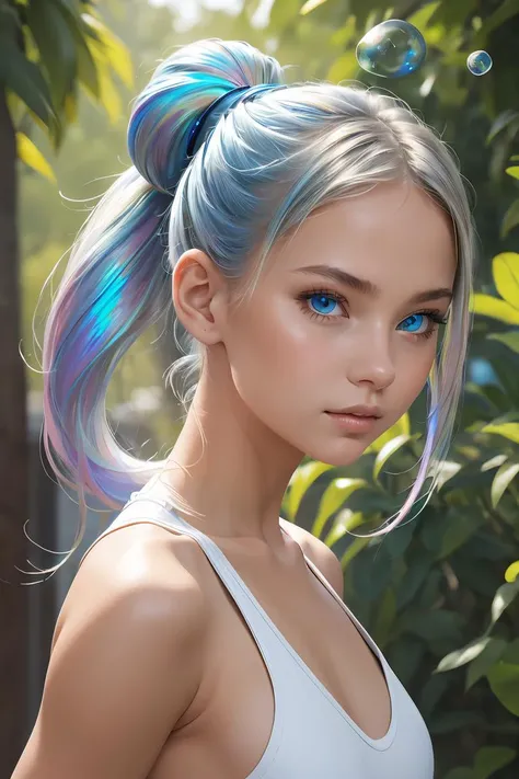 (masterpiece, best quality), 1girl, Iridescent Blue Bubble Ponytail, flat chest, <lora:Purrrfect-000001:1>