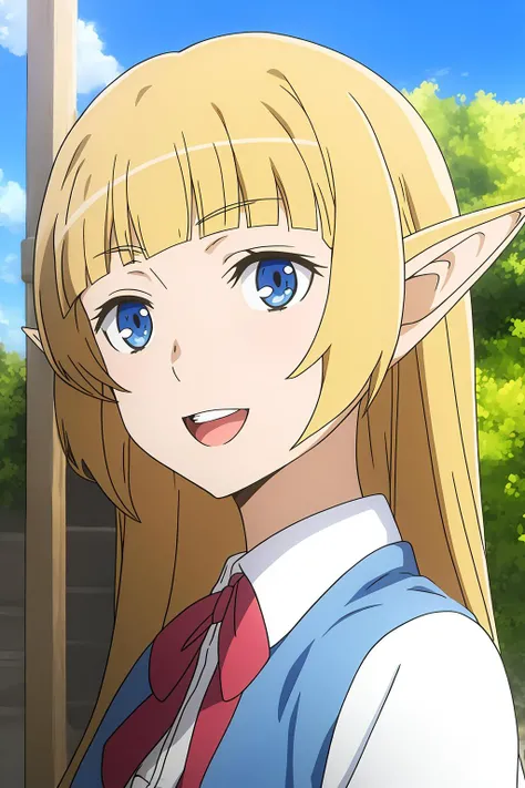 lefiya, anime_art_style, 1girl, long_hair, looking_at_viewer, smile, open_mouth, bangs, blue_eyes, blonde_hair, shirt, ribbon, school_uniform, white_shirt, upper_body, :d, outdoors, sky, teeth, solo_focus, day, pointy_ears, cloud, blunt_bangs, blue_sky, capelet, elf, corset