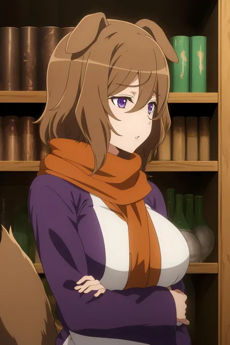 naaza, anime_art_style, 1girl, solo, long_hair, breasts, short_hair, blue_eyes, large_breasts, brown_hair, animal_ears, hair_between_eyes, purple_eyes, upper_body, parted_lips, scarf, torn_clothes, dog_ears, dog_girl, mechanical_arms, shelf, single_mechanical_arm, prosthesis, prosthetic_arm, anime_coloring