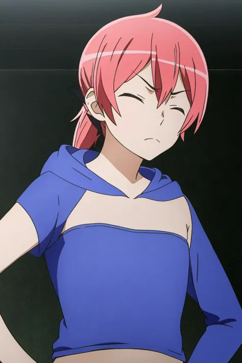 loki, anime_art_style, 1girl, solo, long_hair, short_hair, navel, closed_mouth, closed_eyes, upper_body, ponytail, pink_hair, red_hair, midriff, hood, flat_chest, hand_on_hip, strapless, hoodie, frown, parody, facing_viewer, hands_on_hips, bandeau, tube_top