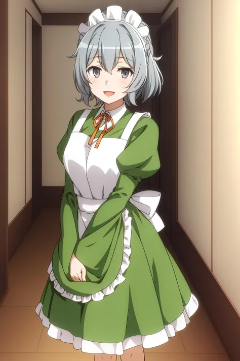 syr, anime_art_style, 1girl, solo, looking_at_viewer, smile, short_hair, open_mouth, bangs, long_sleeves, dress, ribbon, hair_between_eyes, ponytail, :d, grey_hair, puffy_sleeves, indoors, hand_up, apron, grey_eyes, maid, maid_headdress, neck_ribbon, juliet_sleeves, maid_apron, green_dress, hallway