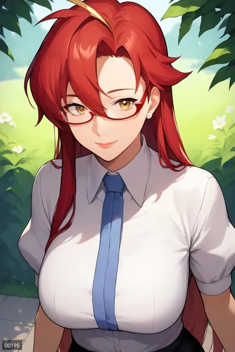 score_9, score_8_up, score_7_up, source_anime, masterpiece, best quality, high quality, high resolution, closed mouth, (1girl), solo, female focus, mature female, (center frills:1), teacher, short sleeves, glasses, hair down, light smile, (collared shirt), (white shirt), (red hair), (dress shirt), (official art:1), (yoko littner:1), (yomako:1), (bolo tie:1), (bolo tie:1), (black bolo tie:1), (mature female:1.3), alternate hairstyle, (large breasts:1), long hair, (yellow eyes:1), rectangular eyewear, straight-on, looking at viewer, bangs, hair between eyes, lips, (alternate costume), ((puffy short sleeves:1)), (puffy sleeves), juliet sleeves, bare arms, outdoors, miniskirt, pencil skirt:1, (asymmetrical bangs:1), (black skirt:1), shirt tucked in, 20yo,  <lora:Yoko Littner (ã¨ã¼ã³ã»ãªãããã¼) - Tengen Toppa Gurren Lagann (å¤©åçªç ´ã°ã¬ã³ã©ã¬ã³) [PonyXL]:1>, sidelocks,