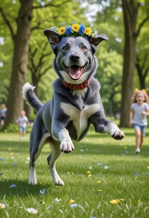 (medium full shot) of (energetic dog) with blue smooth coat, a flower crown, performing playing fetch, set in a bustling park, with green grass, scattered trees, children playing, and dogs running around, during the day, Masterpiece,best quality, photo, realistic, very aesthetic,