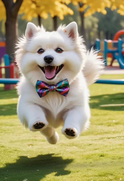 (medium full shot) of (intelligent dog) with white thick fur, a bowtie, performing barking happily, set in a vibrant park, with colorful playgrounds, happy families, running dogs, and a lively environment, Masterpiece,best quality, photo, realistic, very aesthetic,