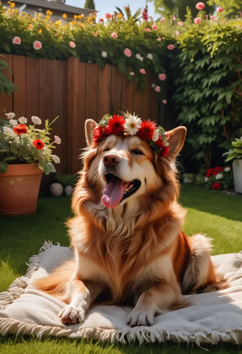 (medium full shot) of (gentle dog) with red wiry fur, a flower crown, performing barking happily, set in a cozy backyard, with a small garden, a few flowers, a comfortable lawn chair, and a dog lying in the sun, Masterpiece,best quality, photo, realistic, very aesthetic,