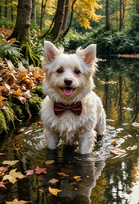 (medium full shot) of (curious dog) with cream fluffy coat, a bowtie, performing swimming in a lake, set in a dense forest, with tall trees, fallen leaves, a narrow path, and a dog sniffing around, in the evening, Masterpiece,best quality, photo, realistic, very aesthetic,