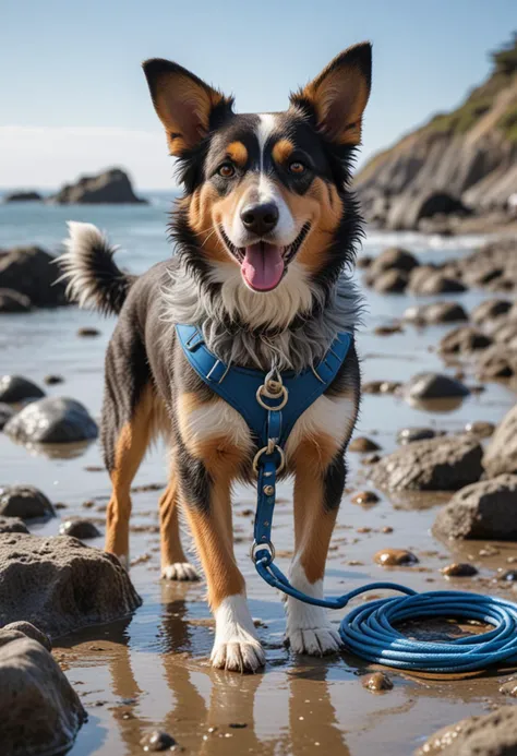 (medium full shot) of (energetic dog) with blue wiry fur, a leather leash, performing digging a hole, set in a rocky beach, featuring tide pools, curious dogs exploring, a cool breeze, and an adventurous feel, during the day, Masterpiece,best quality, photo, realistic, very aesthetic,