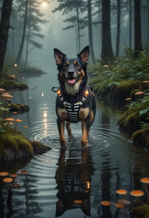 (medium full shot) of (protective dog) with black wiry fur, wearing a striped harness, performing swimming in a lake, set in a mystical forest, with misty paths, glowing mushrooms, soft undergrowth, and a curious dog exploring, in the evening, Masterpiece,best quality, photo, realistic, very aesthetic,