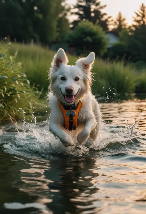 (medium full shot) of (gentle dog) with cream fluffy coat, a leather leash, performing swimming in a lake, set in a large backyard, with green grass, scattered toys, a tall fence, and a playful dog running around, in the evening, Masterpiece,best quality, photo, realistic, very aesthetic,