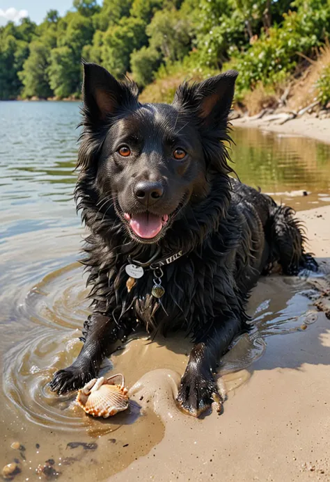 (medium full shot) of (playful dog) with black wiry fur, a shiny name tag, performing swimming in a lake, set in a quiet beach, with gentle waves, soft sand, a few scattered shells, and a calm, relaxing atmosphere, Masterpiece,best quality, photo, realistic, very aesthetic,