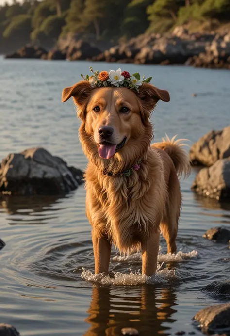(medium full shot) of (loyal dog) with brown silky fur, a flower crown, performing swimming in a lake, set in a rocky beach, featuring tide pools, curious dogs exploring, a cool breeze, and an adventurous feel, in the evening, Masterpiece,best quality, photo, realistic, very aesthetic,
