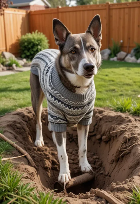 (medium full shot) of (courageous dog) with grey short fur, a patterned sweater, performing digging a hole, set in a messy backyard, with overgrown grass, scattered sticks, a few holes dug by the dog, and an adventurous setting, Masterpiece,best quality, photo, realistic, very aesthetic,